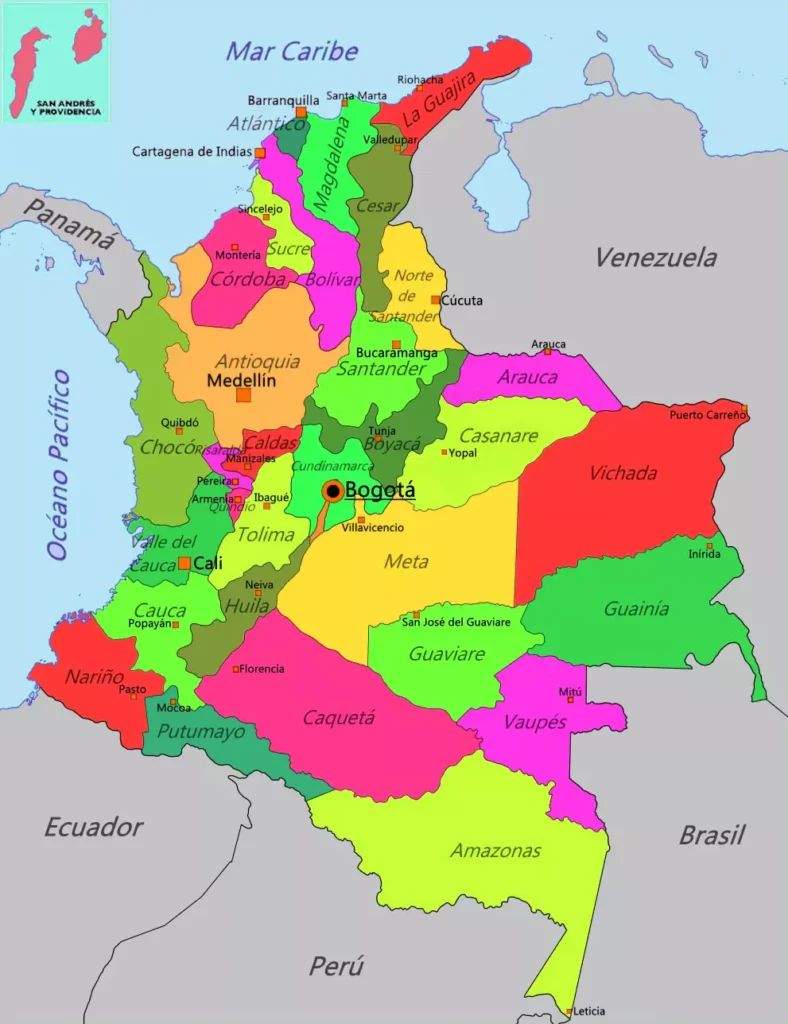Mapa de Colombia con departamentos y capitales