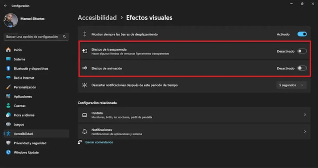 Paso a paso para desactivar las animaciones en Windows 11