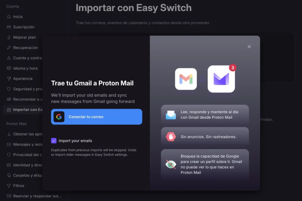 Mover tu correo de Gmail a Proton Mail