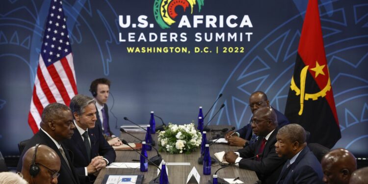 U.S. Secretary of State Antony Blinken and U.S. Defense Secretary Lloyd Austin, center left, meet with Angolan President Joao Lourenco during the U.S. Africa Leaders Summit 2022, Tuesday, Dec. 13, 2022 in Washington. (Evelyn Hockstein/Pool via AP)