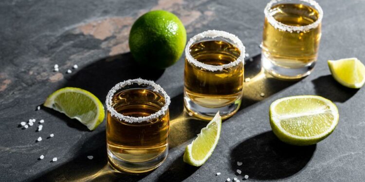 Tequila shot with lime and sea salt on stone background. luxury drink. Alcoholic drink concept. Mexican national drink.