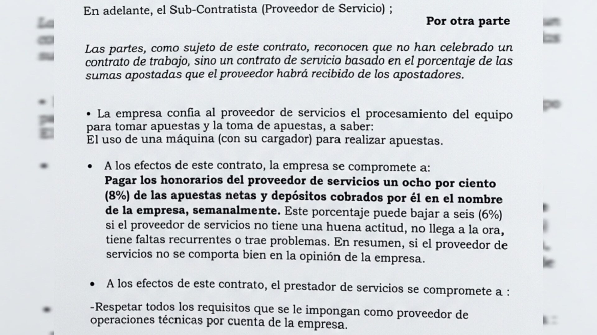 Fragmento del contrato de prestación de servicios